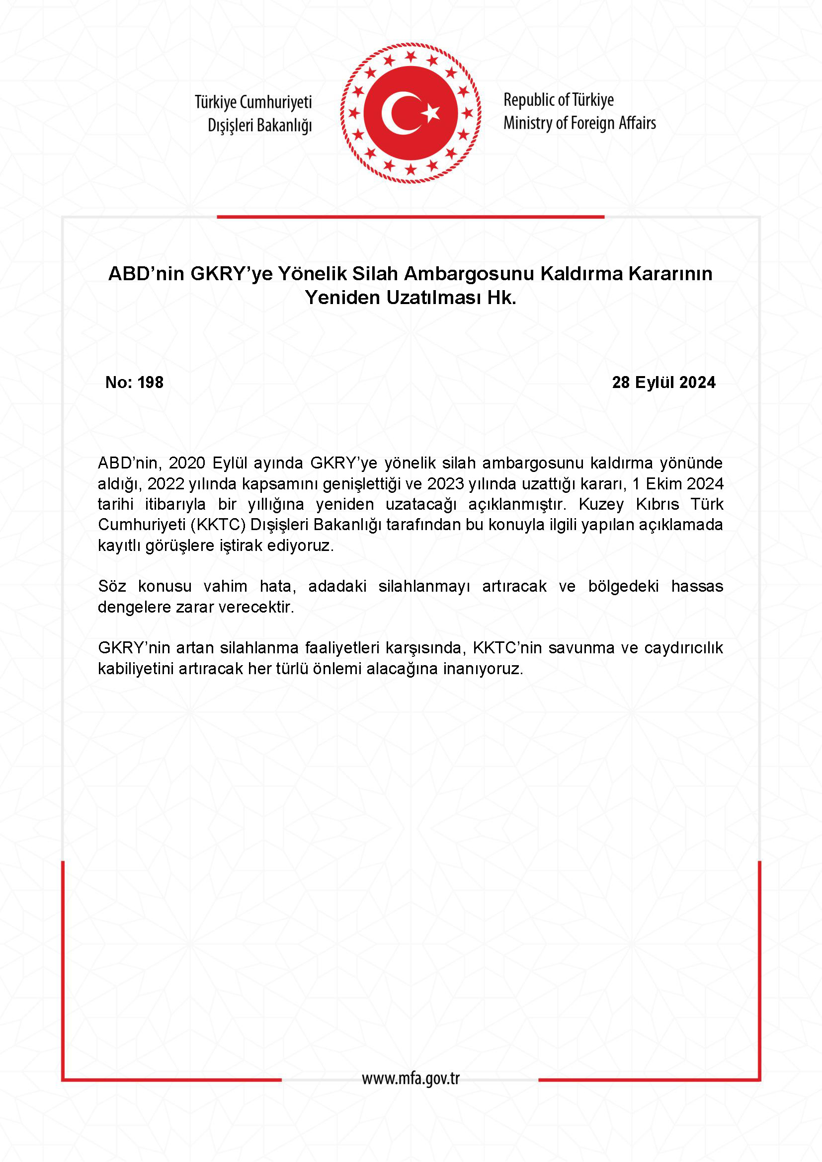Dışişleri'nden, ABD GKRY açıklaması