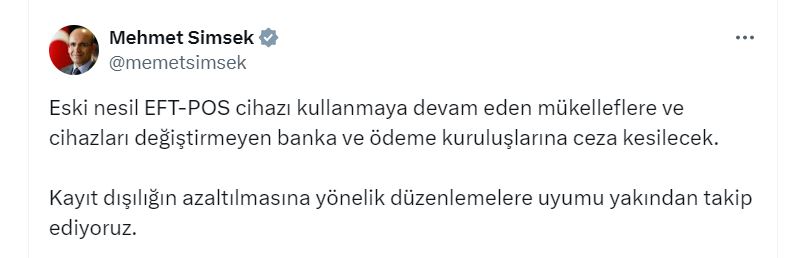 Bakan Şimşek: Eski nesil EFT POS cihazı kullananlara ceza kesilecek