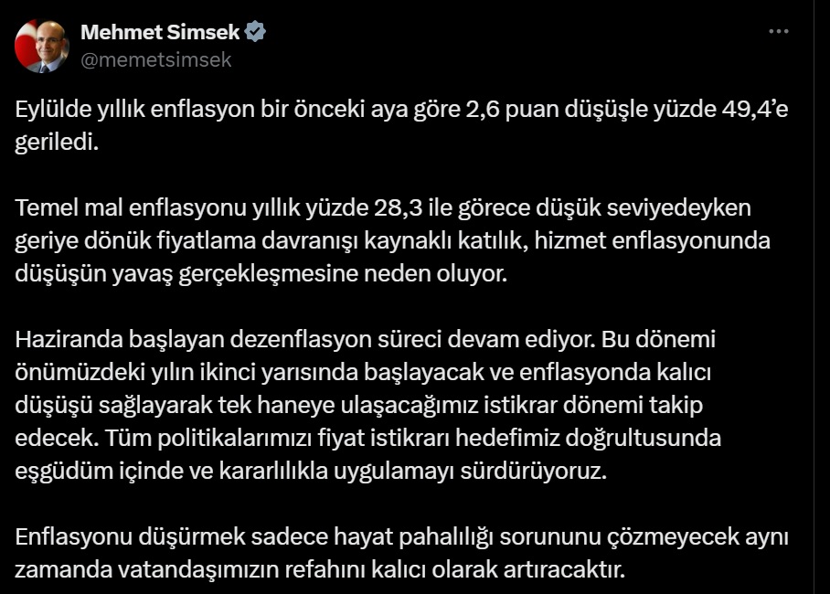 Bakan Şimşek: Haziranda başlayan dezenflasyon süreci devam ediyor