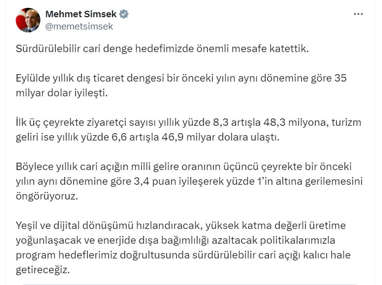 Bakan Şimşek: İlk üç çeyrekte turizm geliri 46,9 milyar dolara ulaştı