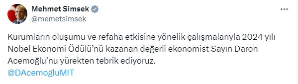 Bakan Şimşek'ten, Nobel Ödülü kazanan Daron Acemoğlu'na tebrik