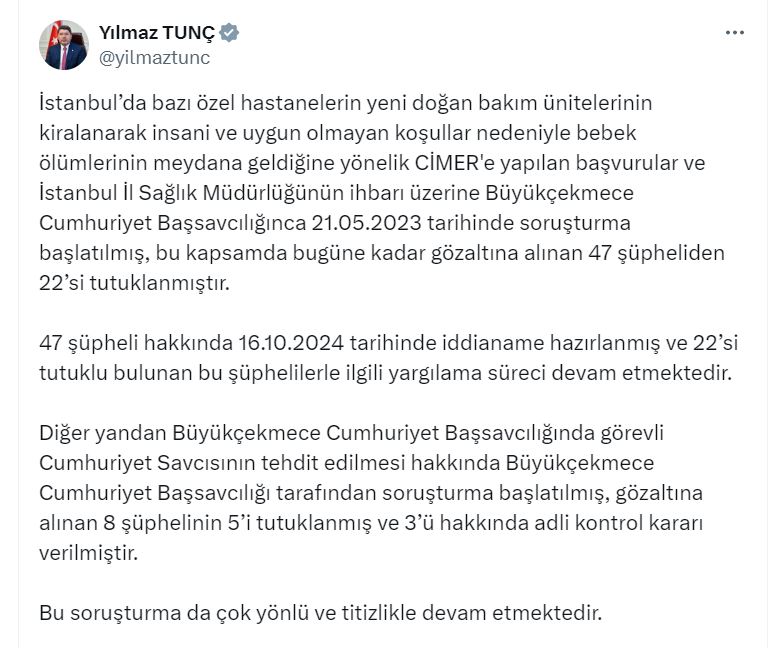 Bakan Tunç: 'Yenidoğan çetesi' soruşmasında gözaltına alınan 47 şüpheliden 22'si tutuklandı