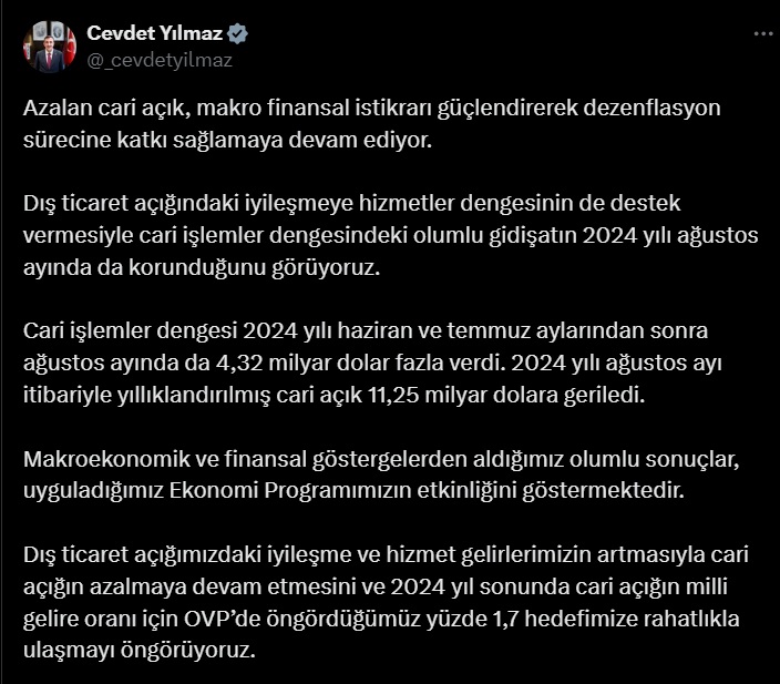 Cevdet Yılmaz: Cari açığın azalmaya devam edeceğini öngörüyoruz