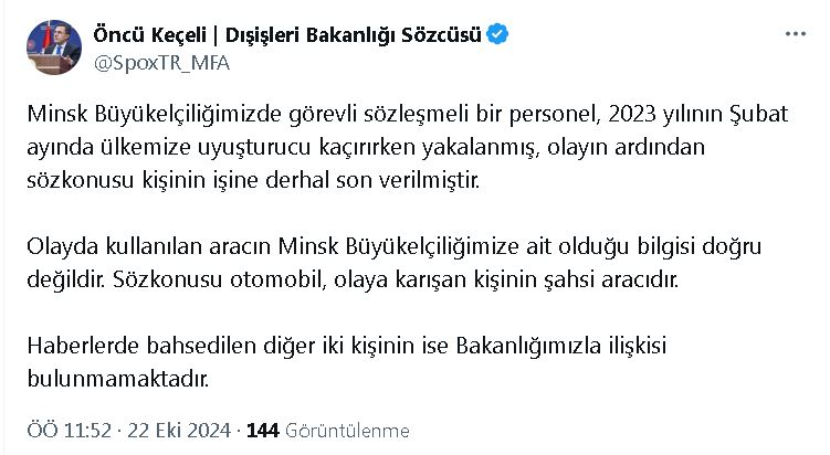 Dışişleri Sözcüsü Keçeli, 'büyükelçilik aracıyla uyuşturucu kaçakçılığı' iddiasını yalanladı