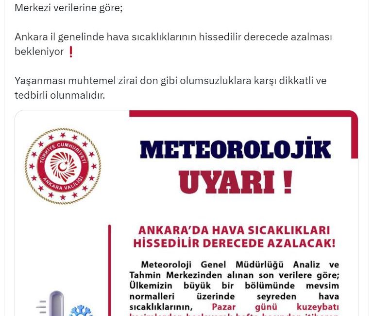 ANKARA, -ANKARA Valiliği, hava sıcaklığında düşüş beklenmesi nedeniyle zirai don