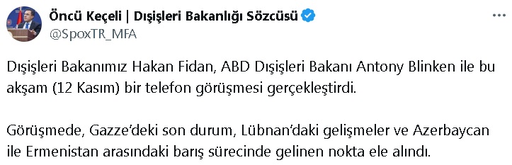 Bakan Fidan, ABD'li mevkidaşı Blinken ile telefonda görüştü