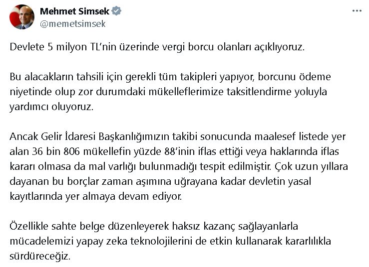 Bakan Şimşek: Devlete 5 milyon TL'nin üzerinde vergi borcu olanları açıklıyoruz