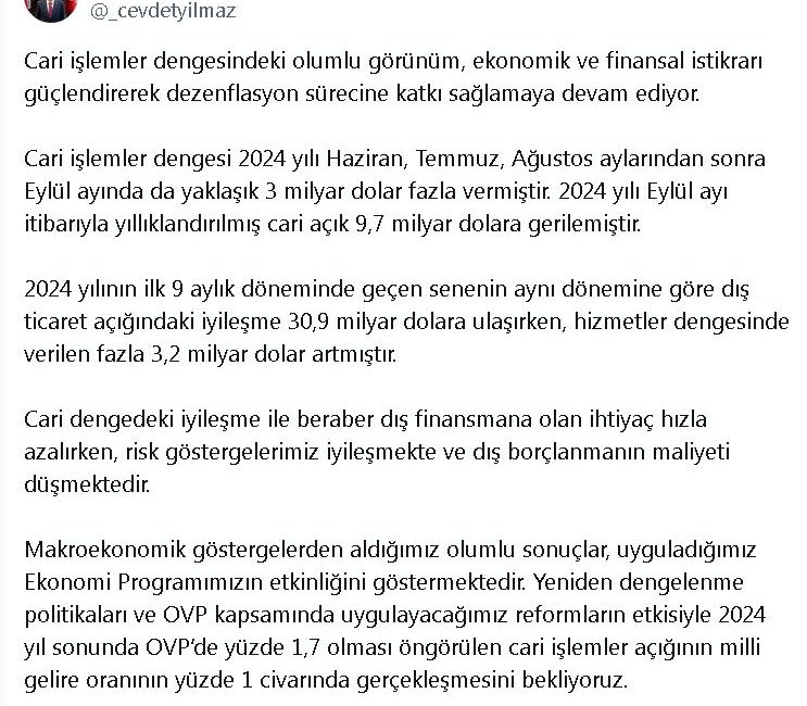 ANKARA, – CUMHURBAŞKANI Yardımcısı Cevdet Yılmaz, 2024 yıl sonunda cari