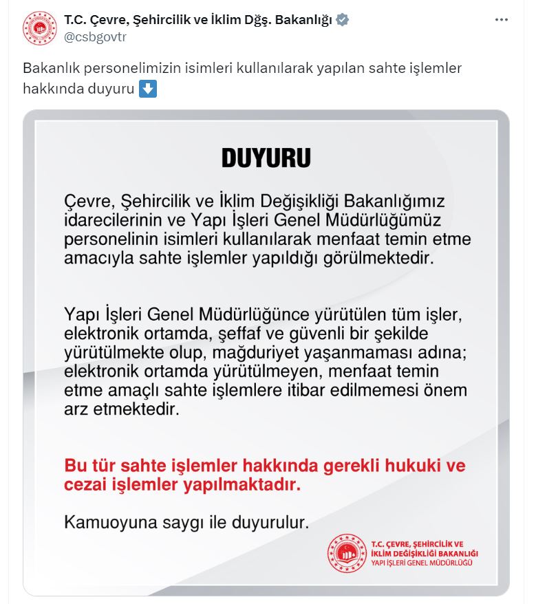 Çevre, Şehircilik ve İklim Değişikliği Bakanlığı'ndan 'dolandırıcılık' uyarısı