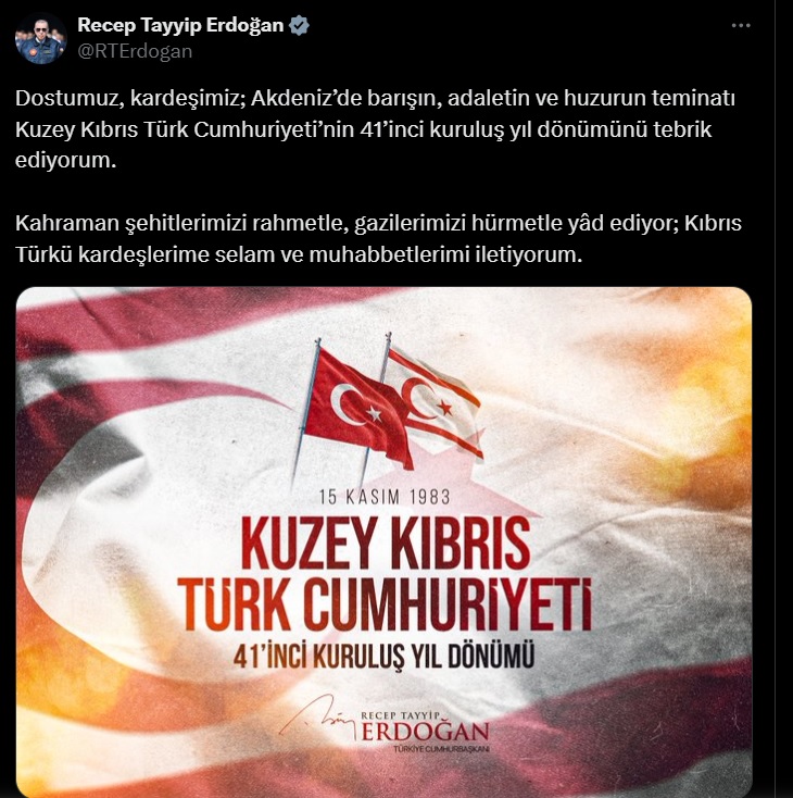 Cumhurbaşkanı Erdoğan, KKTC'nin kuruluş yıl dönümünü kutladı