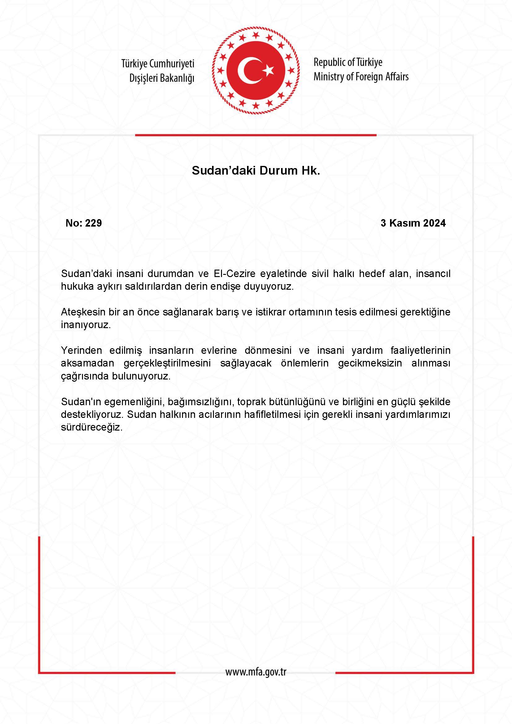 Dışişleri'nden Sudan’da sivil halkı hedef alan saldırılara açıklama