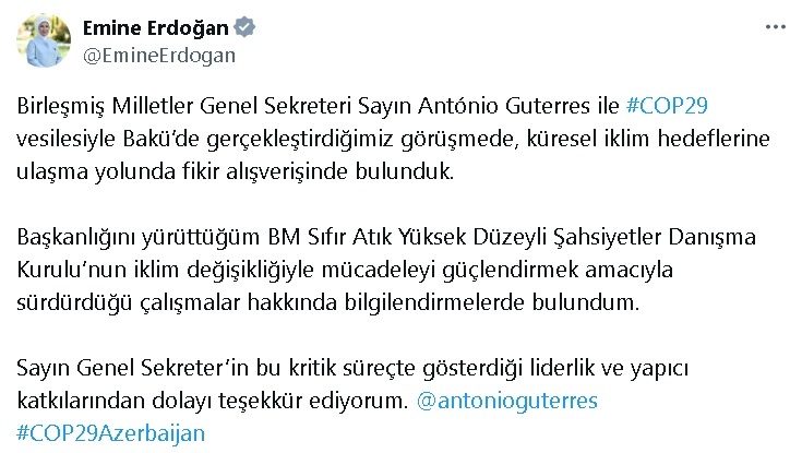 Emine Erdoğan, COP29'da BM Genel Sekreteri Guterres ile görüştü (2)