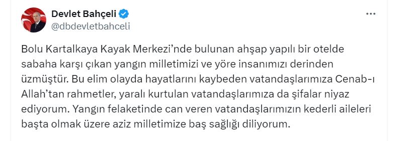 ANKARA, – MHP Genel Başkanı Devlet Bahçeli, Bolu Kartalkaya’daki otelde
