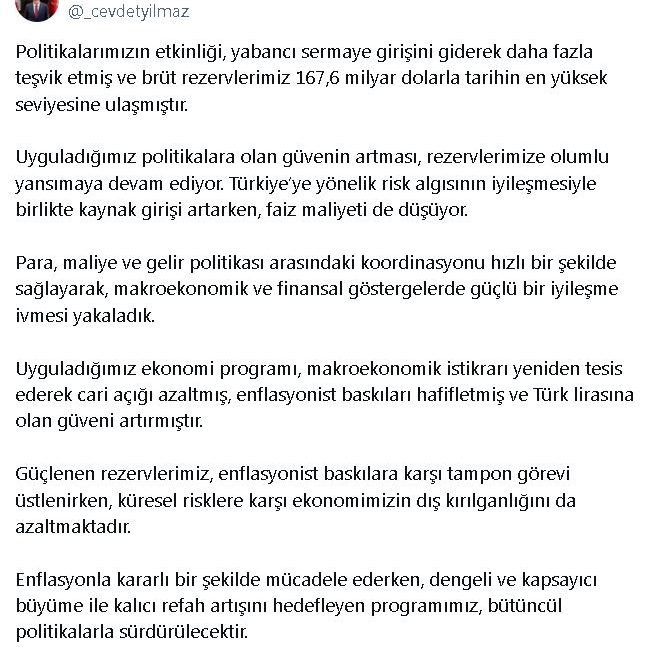 ANKARA, -CUMHURBAŞKANI Yardımcısı Cevdet Yılmaz, Türkiye Cumhuriyet Merkez Bankası’nın brüt