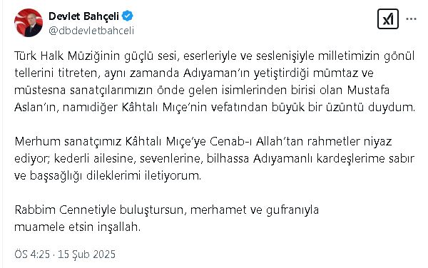 Bahçeli'den, Kahtalı Mıçe için başsağlığı mesajı