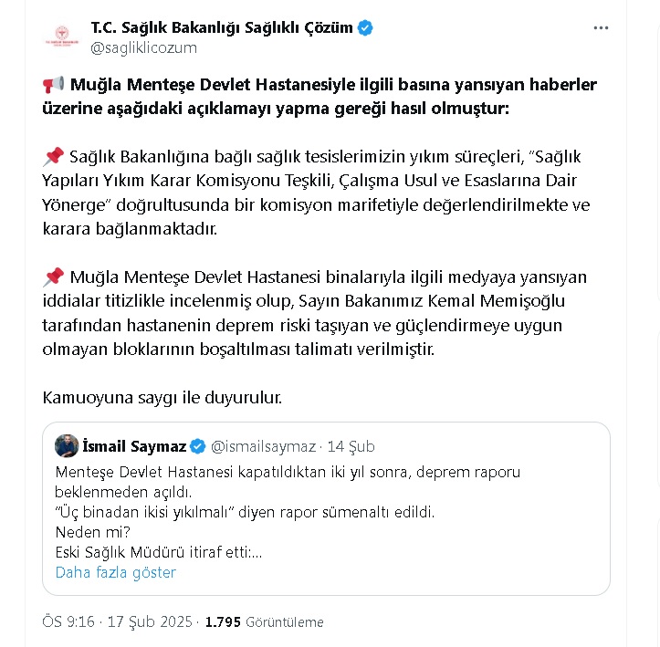 Sağlık Bakanlığından sağlık tesislerinin yıkım süreçleri açıklaması Sağlık Bakanlığından sağlık tesislerinin yıkım süreçleri açıklaması