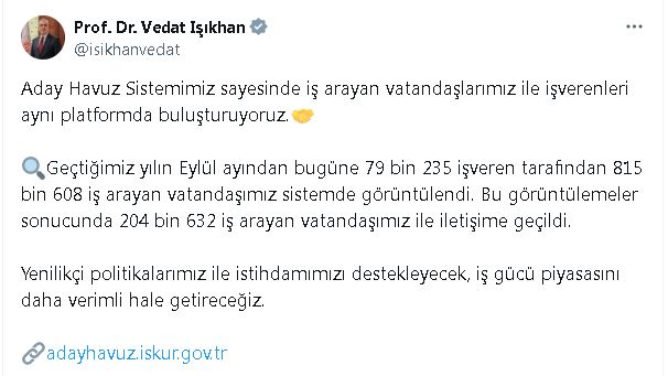 ANKARA, – ÇALIŞMA ve Sosyal Güvenlik Bakanı Vedat Işıkhan, eylül