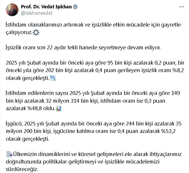 Bakan Işıkhan: İşsizlik oranı 22 aydır tekli hanede seyretmeye devam ediyor