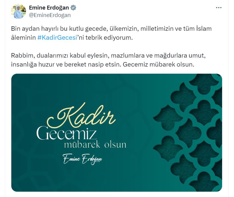 Emine Erdoğan'dan Kadir Gecesi mesajı