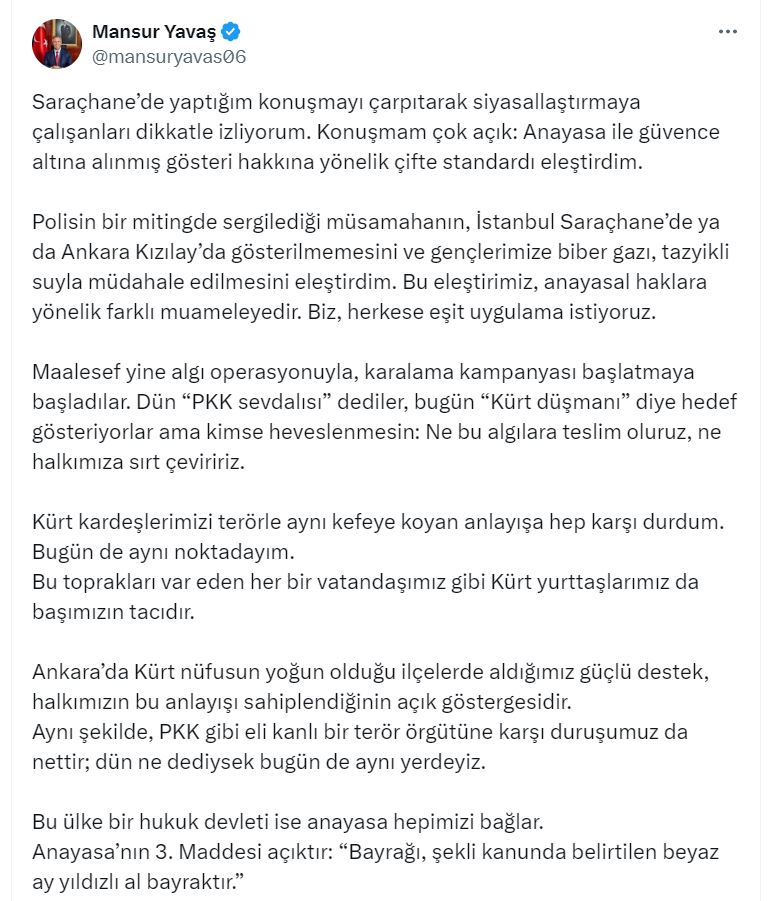 Mansur Yavaş: Biz, herkese eşit uygulama istiyoruz
