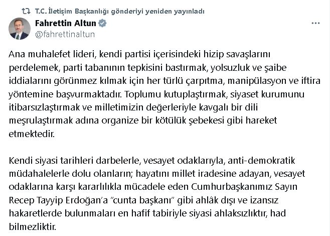 Altun: Cumhurbaşkanımıza 'cunta başkanı' gibi ahlak dışı hakaretlerde bulunmak had bilmezliktir 1 Altun: Cumhurbaşkanımıza 'cunta başkanı' gibi ahlak dışı hakaretlerde bulunmak had bilmezliktir