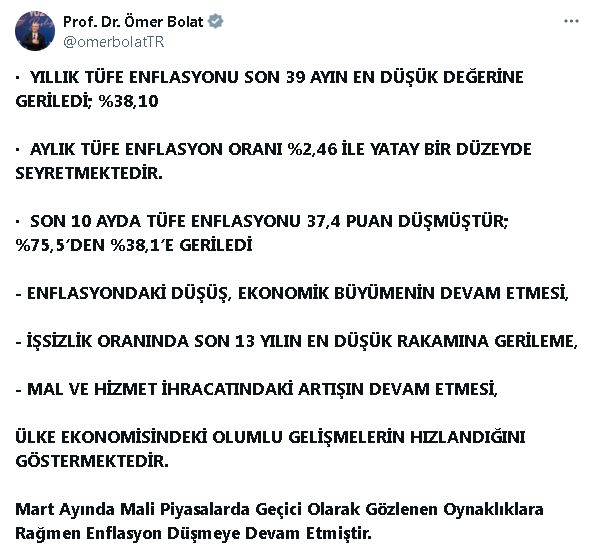 ANKARA, – TİCARET Bakanı Ömer Bolat, “Yıllık enflasyon yüzde 38,10