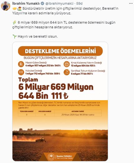 Bakan Yumaklı: 6,6 milyar TL tarımsal destek ödemesi bugün yatırılacak 1 Bakan Yumaklı: 6,6 milyar TL tarımsal destek ödemesi bugün yatırılacak