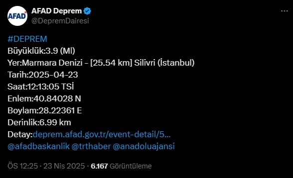 İSTANBUL Marmara Denizi Silivri açıklarında 3.9 büyüklüğünde deprem meydana geldi.