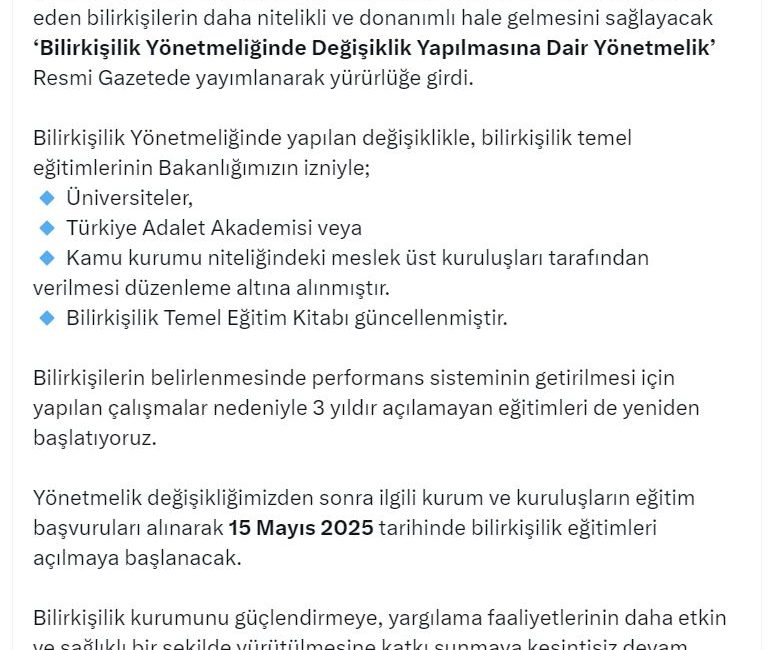 ‘Bilirkişilik Yönetmeliğinde Değişiklik Yapılmasına Dair Yönetmelik’, Resmi Gazete’de yayımlandı ANKARA, – ADALET Bakanı Yılmaz Tunç, bilirkişilerin daha nitelikli ve