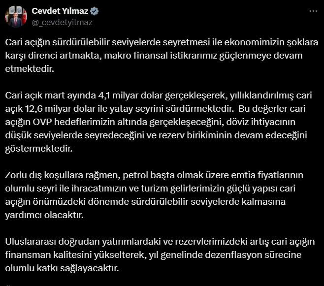 ANKARA, – CUMHURBAŞKANI Yardımcısı Cevdet Yılmaz, “Cari açığın sürdürülebilir seviyelerde
