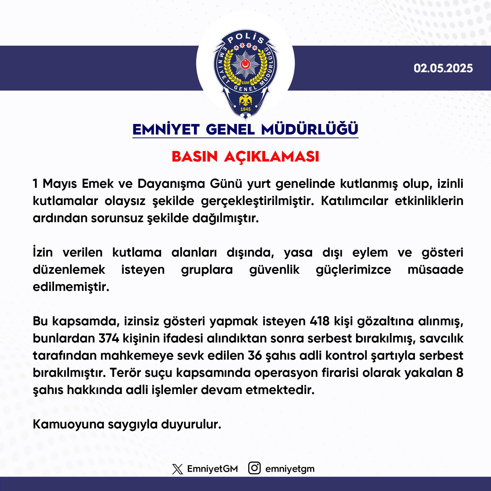 EGM'den 1 Mayıs açıklaması; 418 kişi gözaltına alındı