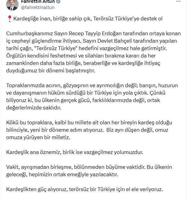 ANKARA, – İLETİŞİM Başkanı Fahrettin Altun, “Topraklarımızda acının, gözyaşının ve