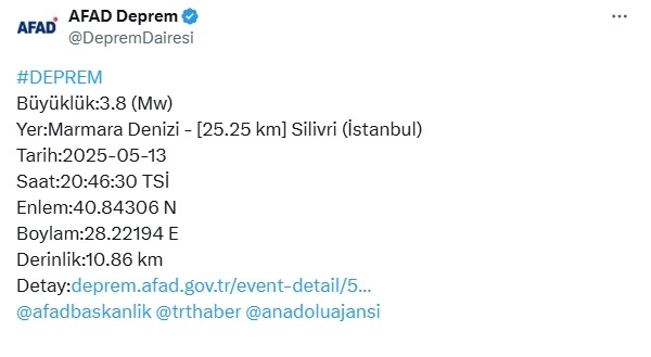 İstanbul’da saat 20.46’da merkez üssü Marmara Denizi Büyükçekmece açıkları olan