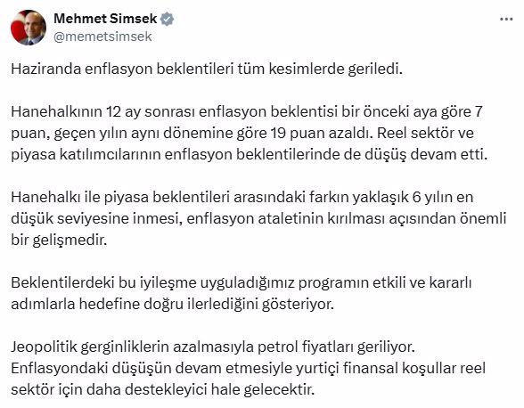 Bakan Şimşek: Enflasyon beklentileri tüm kesimlerde geriledi