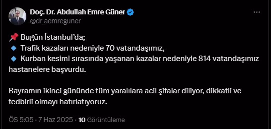 İstanbul İstanbul İl Sağlık Müdürü Güner: Kurban kesimi sırasında yaşanan kazalar nedeniyle vatandaşımız hastanelere başvurdu