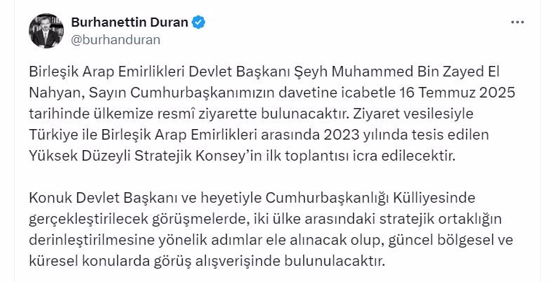 BAE Devlet Başkanı El Nahyan, yarın Türkiye'ye gelecek