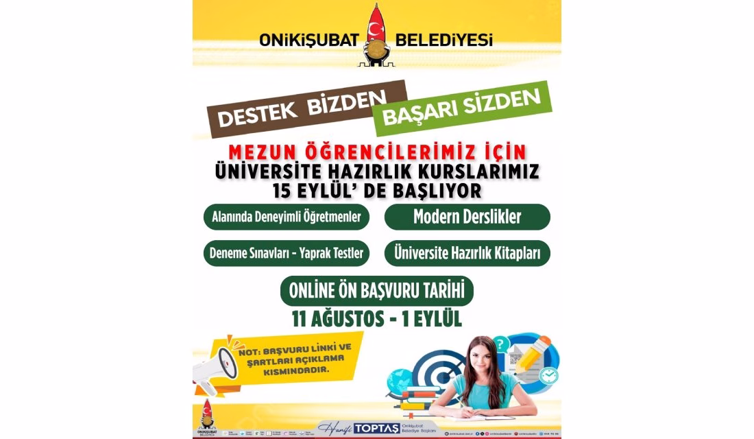 Onikişubat’tan Ücretsiz Üniversite Hazırlık Kursu… Onikişubat Belediyesi, ücretsiz üniversite hazırlık kursunun yeni dönemini duyurdu.