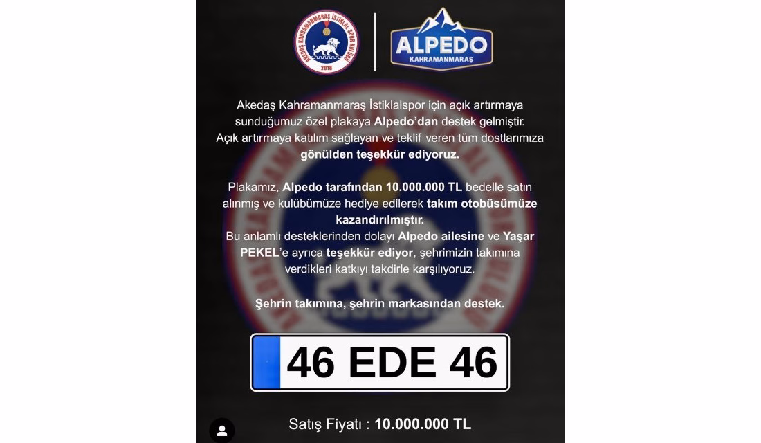 Kahramanmaraş'ın dondurma markası Alpedo, şehrin futbol takımı Akedaş Kahramanmaraş İstiklalspor'a