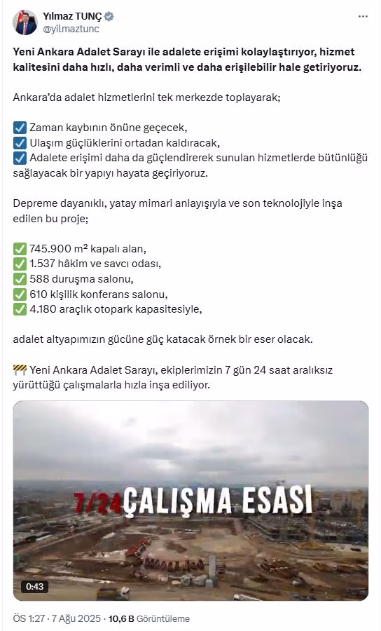Bakan Tunç: Yeni Ankara Adalet Sarayı, hızla inşa ediliyor