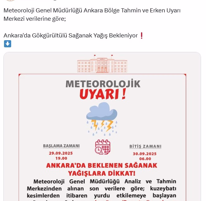 ANKARA, – ANKARA Valiliği, akşam saatlerinden itibaren kentte etkili olması