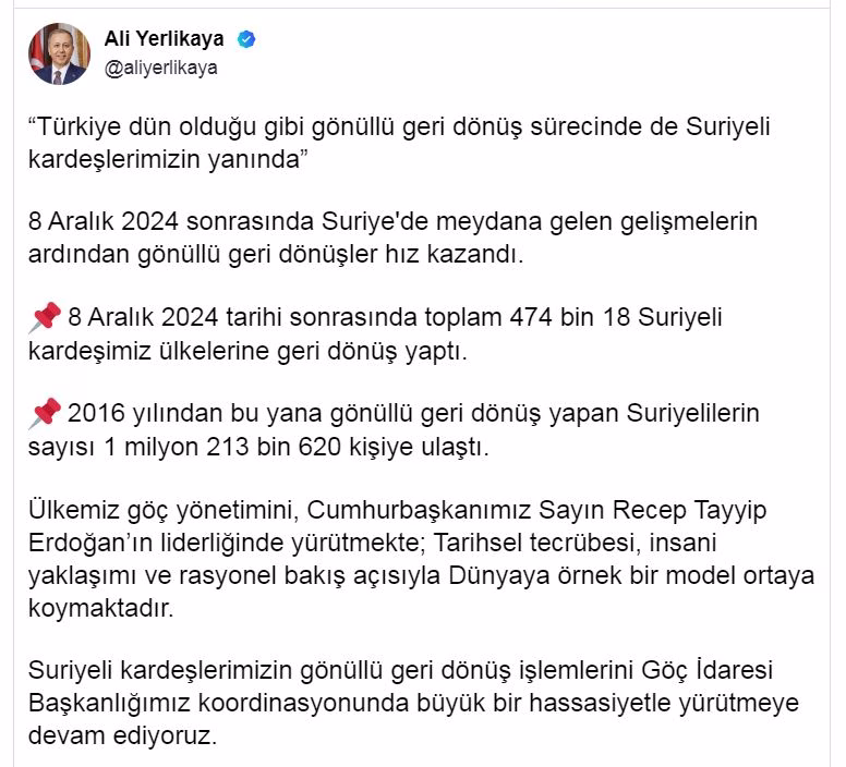 Bakan Yerlikaya: bin Suriyeli kardeşimiz ülkelerine geri dönüş yaptı