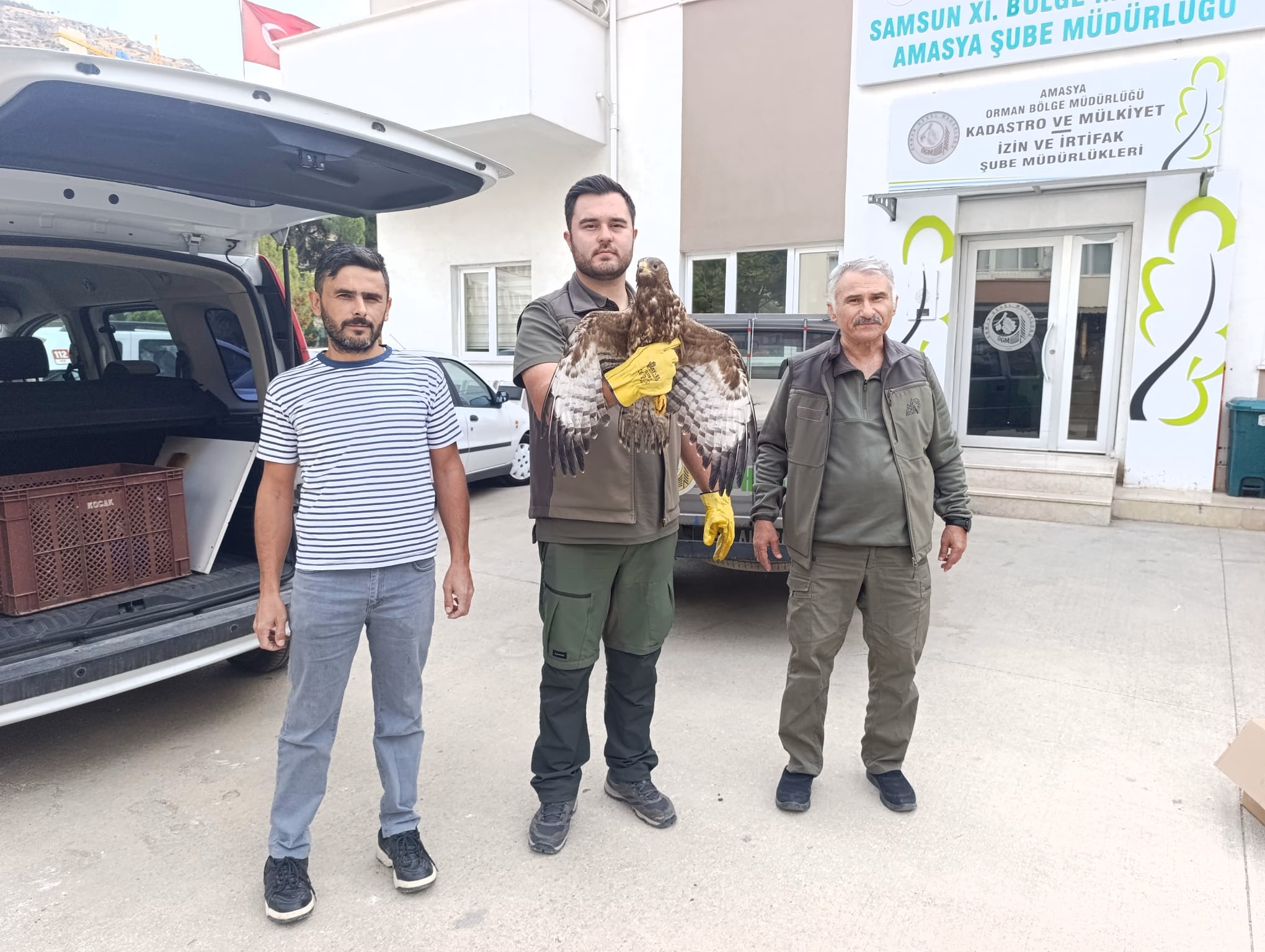 Yaralı bulduğu şahini ekiplere teslim etti