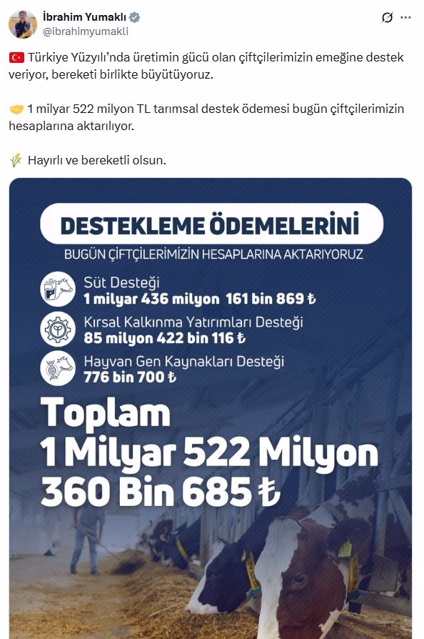 Bakan Yumaklı: Tarımsal destek ödemesi bugün çiftçilerimizin hesaplarına aktarılıyor