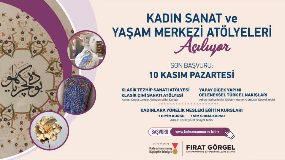 Büyükşehir Belediyesinin Kadın Sanat ve Yaşam Merkezi Atölyeleri başlıyor. Ücretsiz