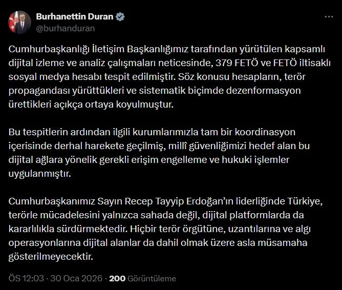 ANKARA, – İLETİŞİM Başkanı Burhanettin Duran, “Cumhurbaşkanlığı İletişim Başkanlığımız tarafından