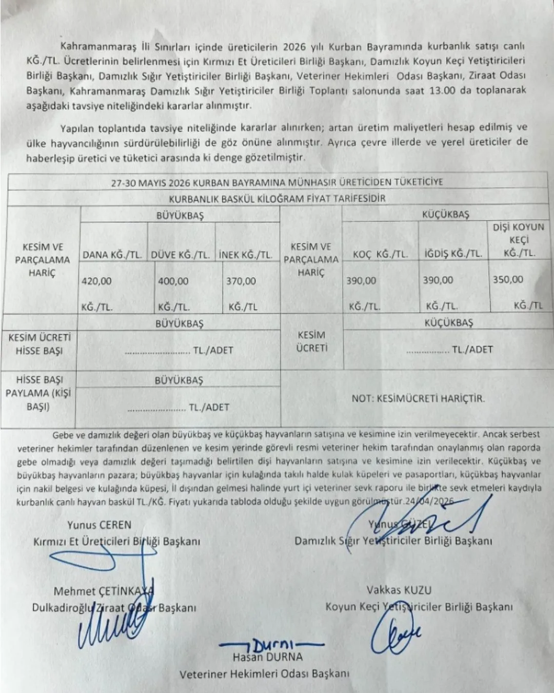 Kurban fiyatlari listesi