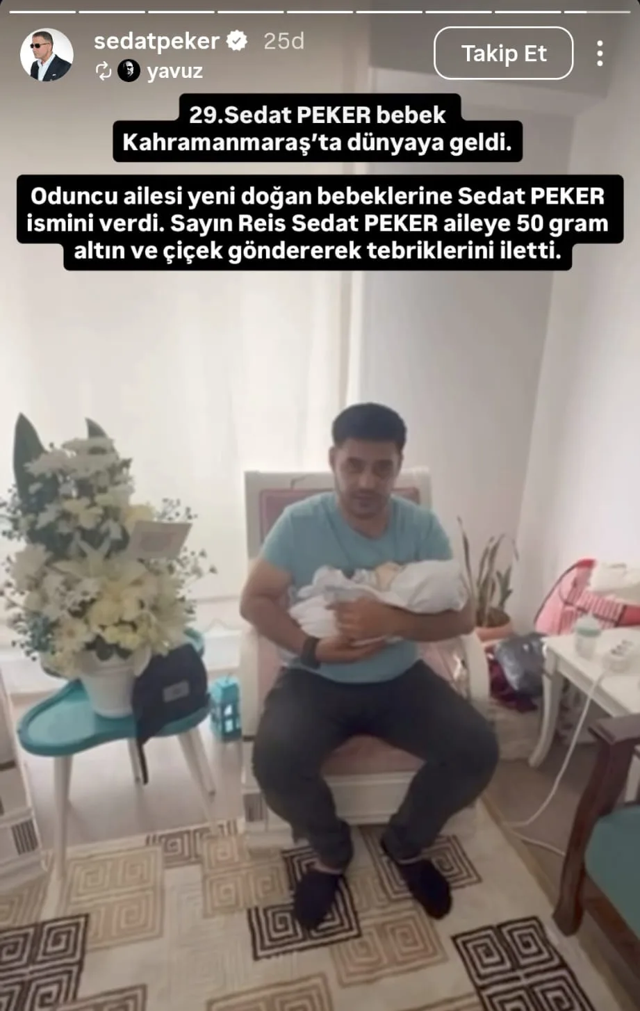 Kahramanmaraşlı aile çocuğuna o ismi verdi: Sedat Peker’den 50 gram altın!