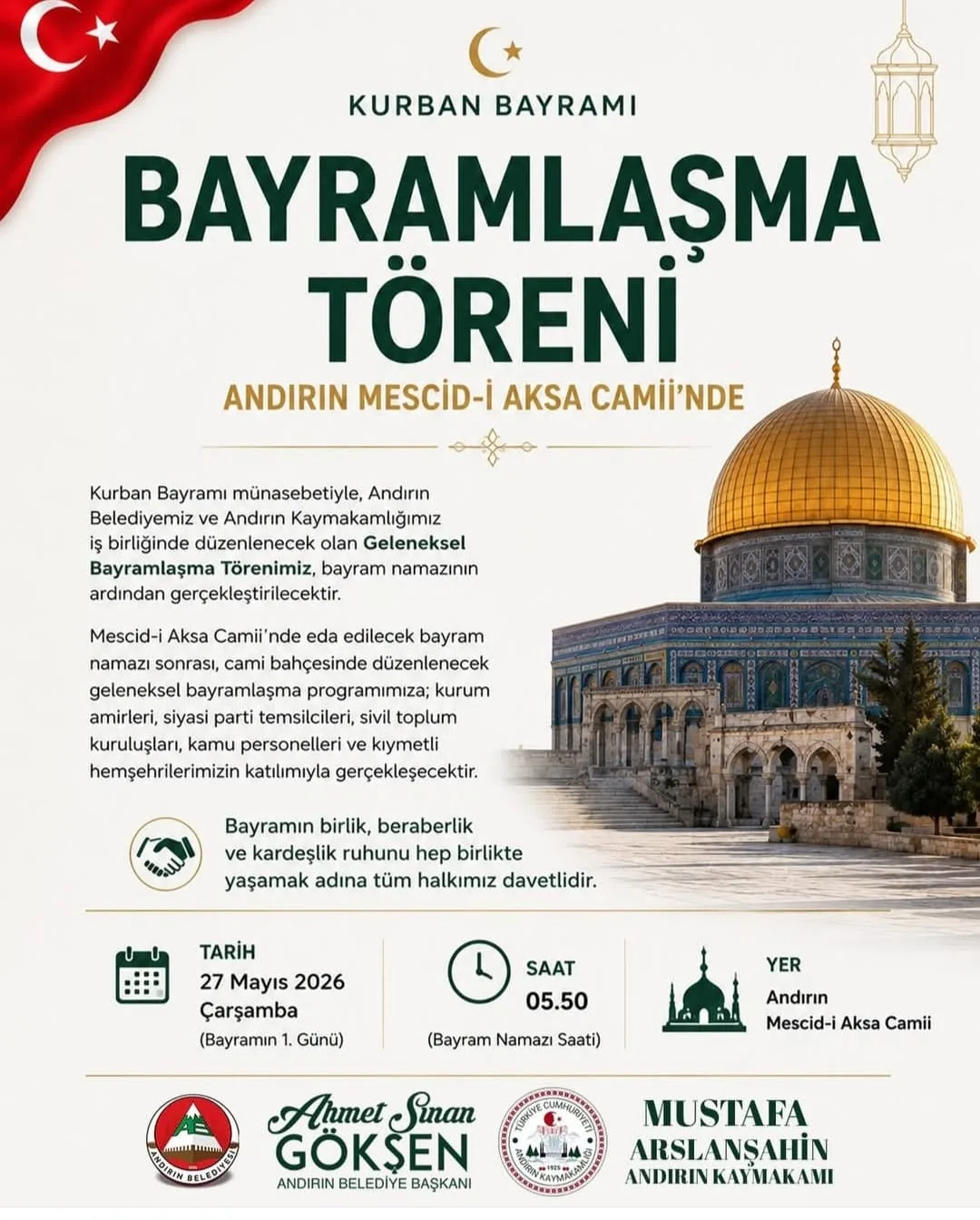 Andırın’da Geleneksel Bayramlaşma Töreni Mescid-İ Aksa Camii’nde Gerçekleşecek