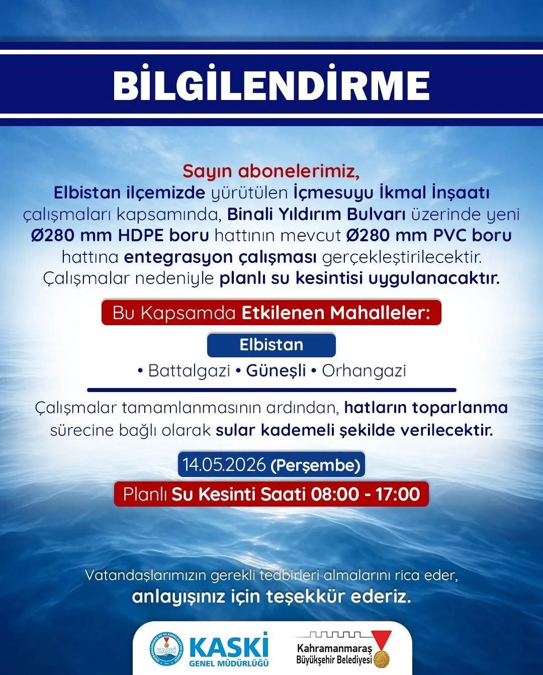 Elbistan’da 9 Saatlik Su Kesintisi Alarmı!