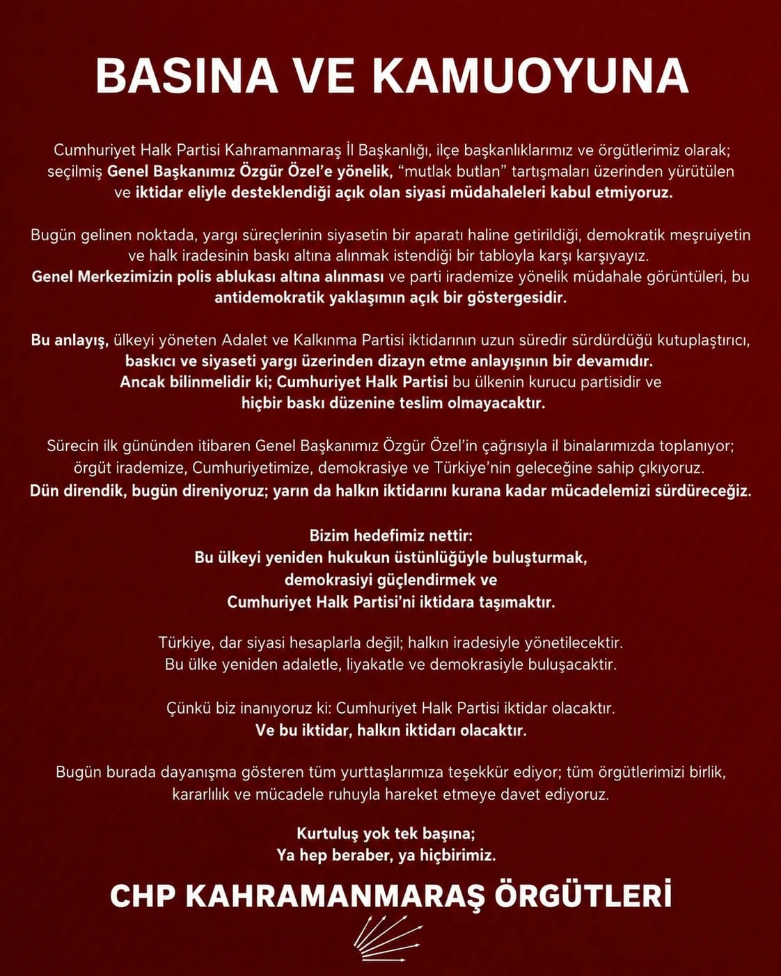 CHP Kahramanmaraş’tan Özgür Özel desteği: “Kabul etmiyoruz!”